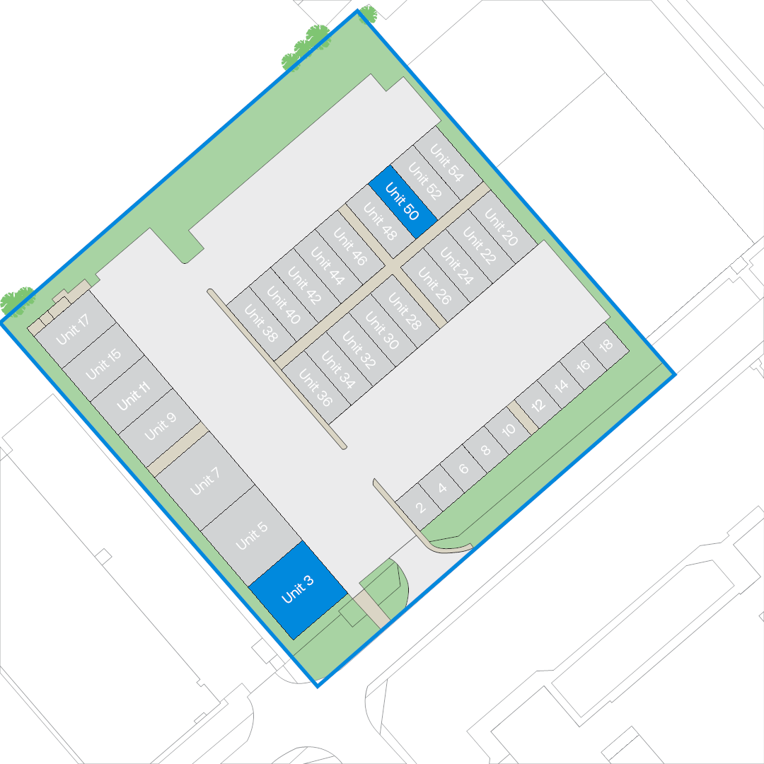 Site map of a facility showing numbered units, with units 3 and 50 highlighted in blue.