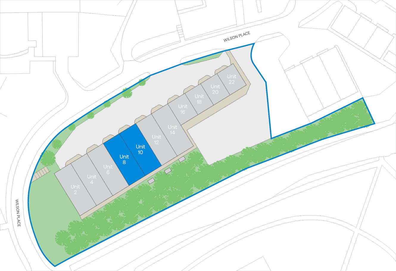 Site plan showing a row of numbered units along Wilson Place, with units 8 and 10 highlighted in blue.