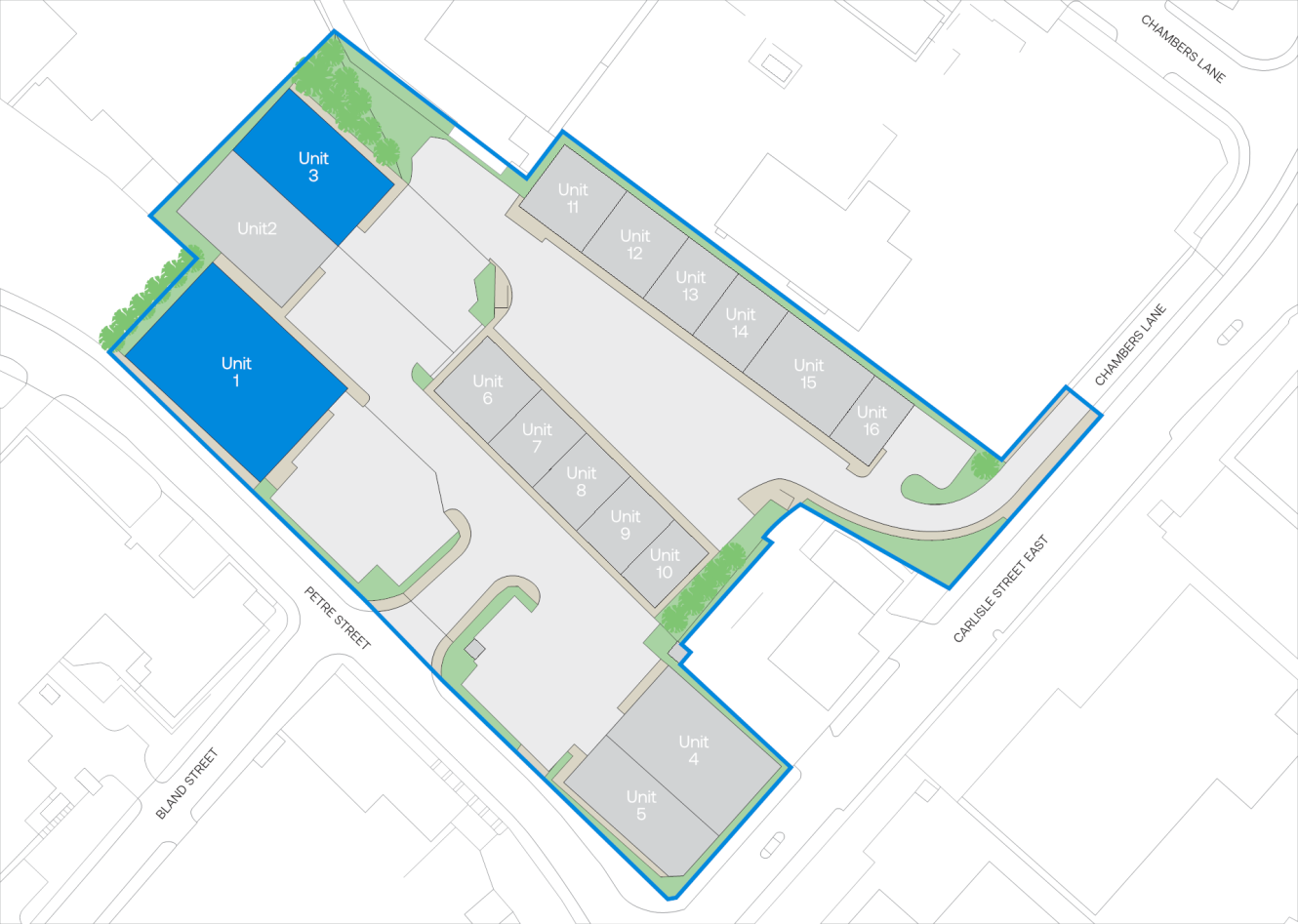 Site plan for a commercial park showing units 1 to 16, located between Petre Street, Chambers Lane, and Carlisle Street East.