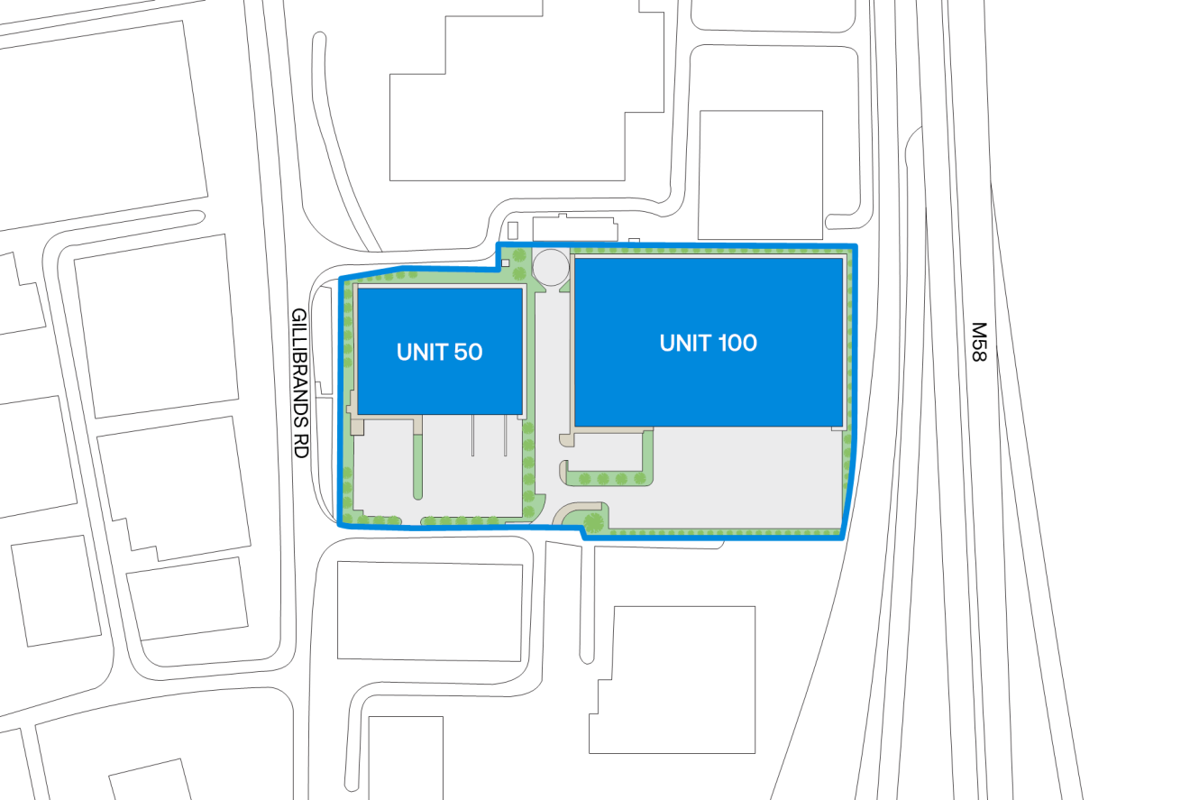 Map showing the location of Unit 50 and Unit 100 near Gillibrands Road and the M58 motorway.