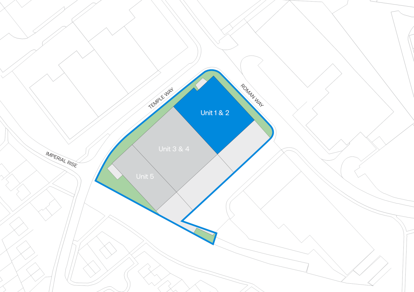 Site map showing three sections labelled Unit 1 & 2, Unit 3 & 4, and Unit 5, located at the intersection of Temple Way and Roman Way.