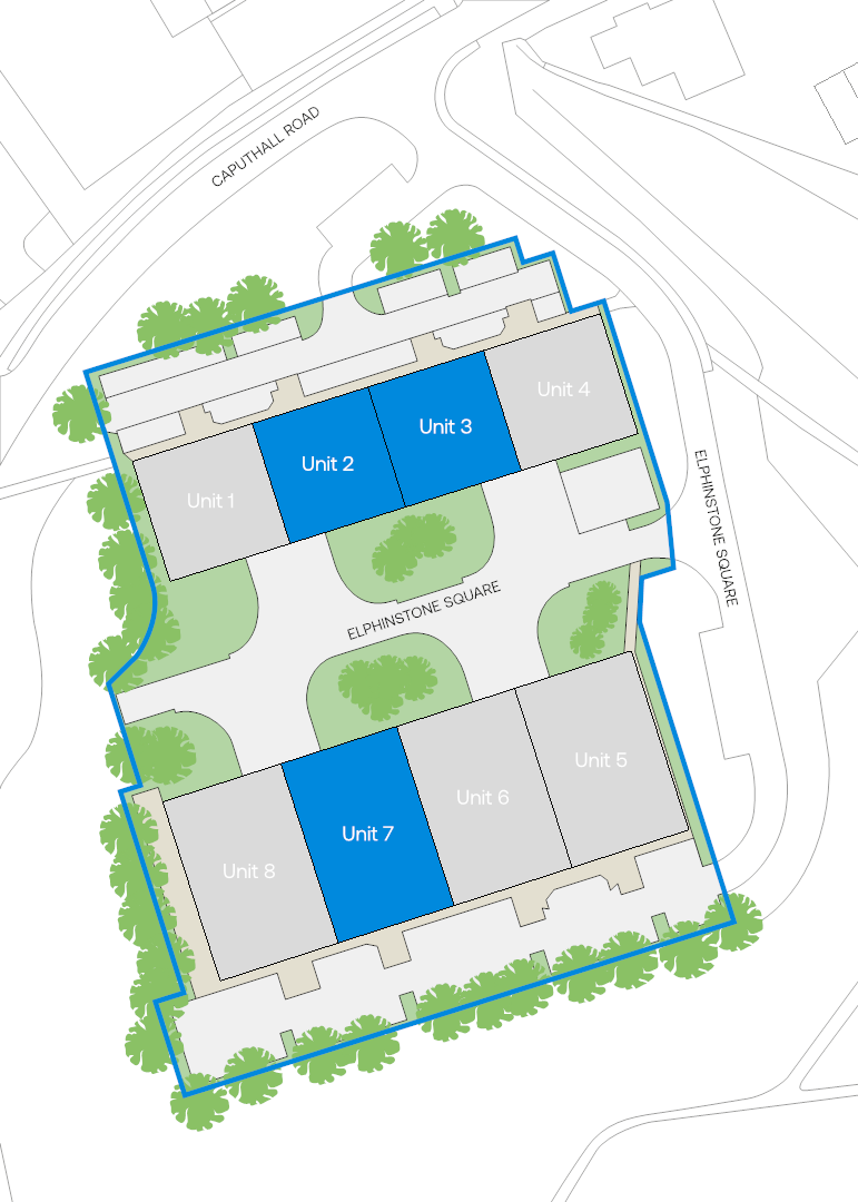 Site map of Elphinstone Square showing the layout of units 1 to 8, with units 2, 3, and 7 highlighted in blue.