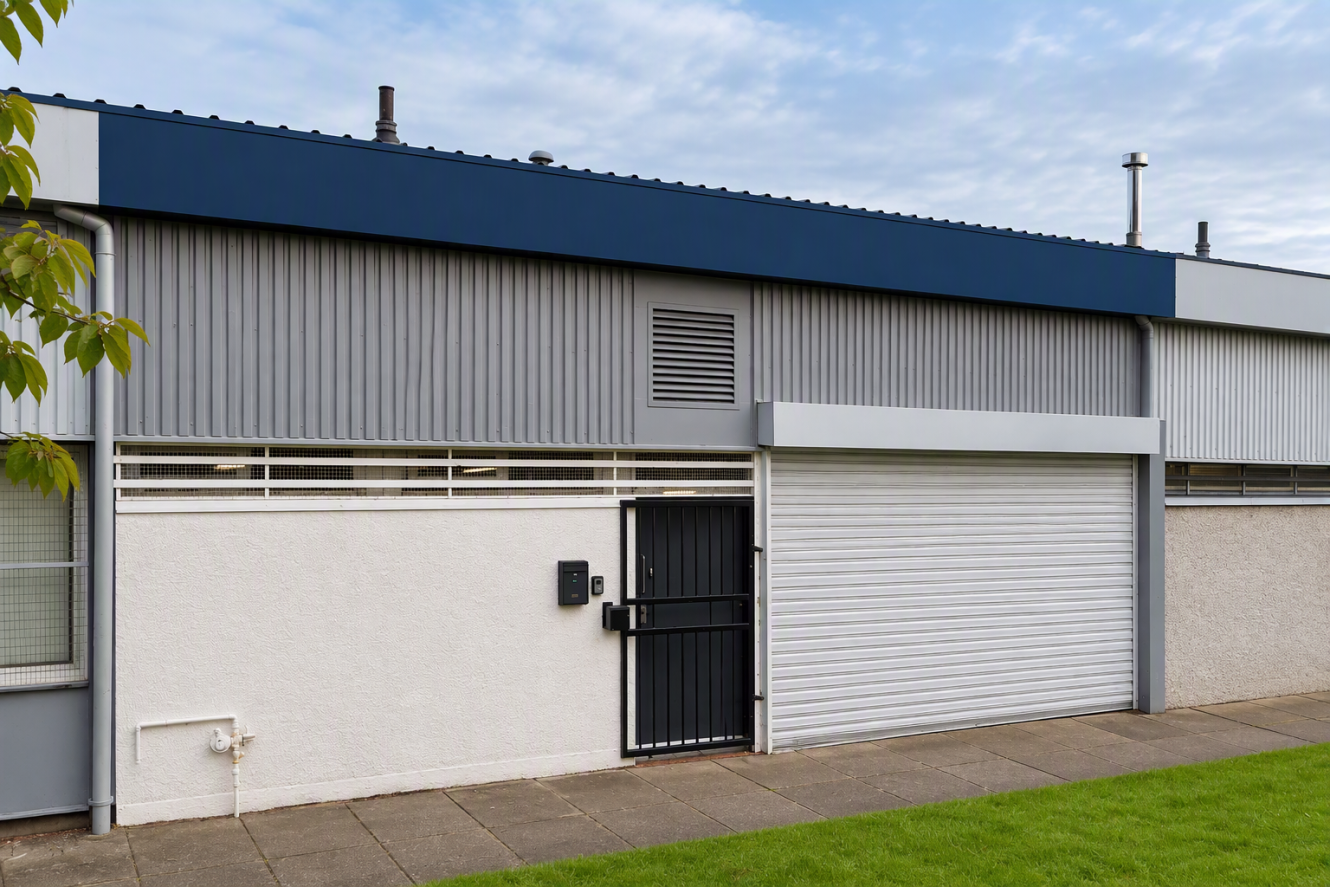 Exterior of a building with a metal roller shutter door, a small black pedestrian door, and corrugated metal wall panels.