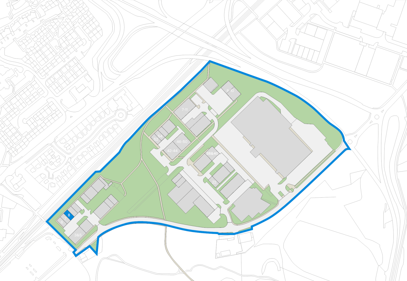 Map of a property complex outlined in blue, featuring multiple buildings with numbered labels.