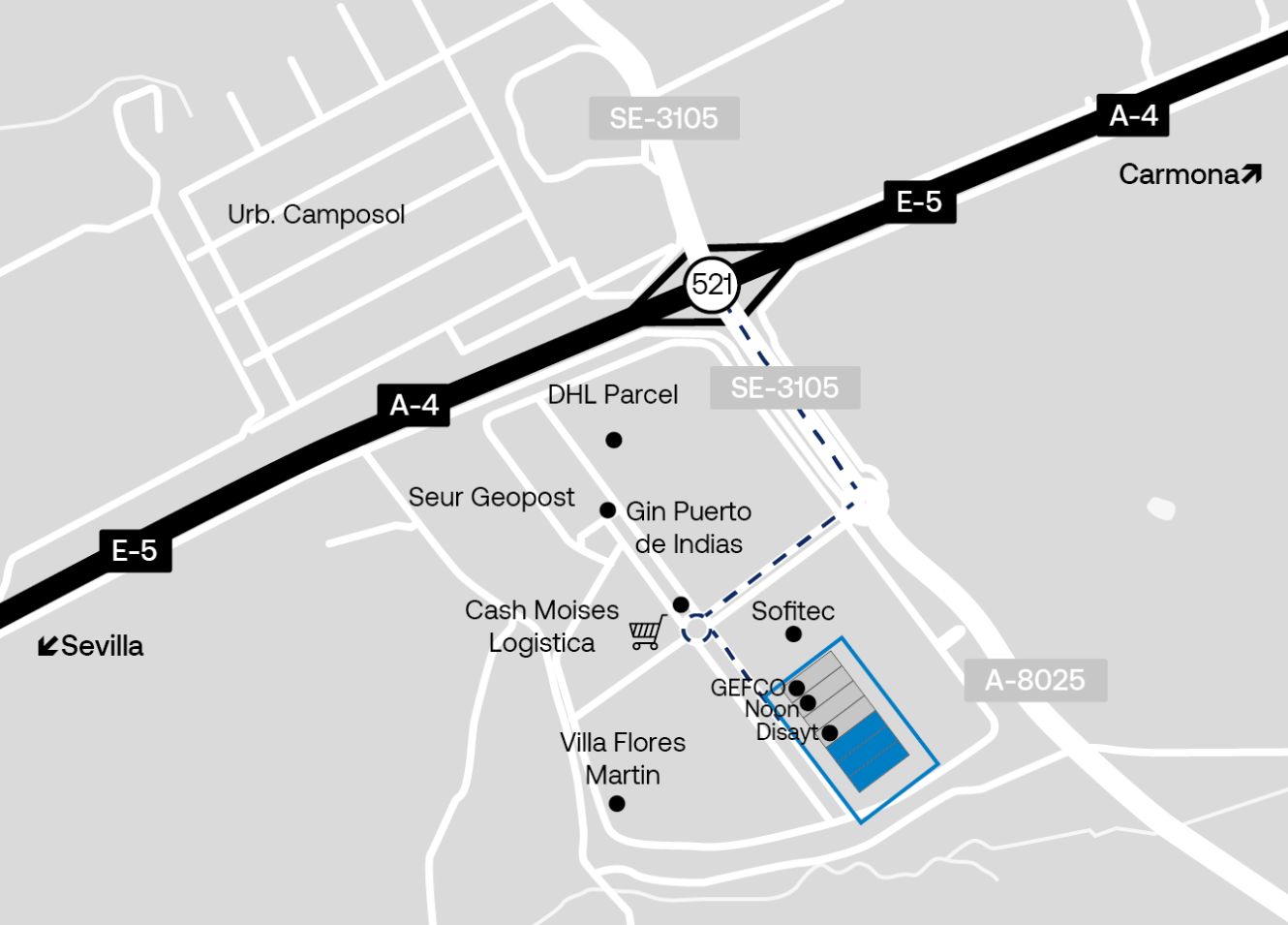 Mapa en blanco y negro que muestra carreteras, empresas y puntos de referencia cercanos a la intersección de las autopistas A-4, E-5 y SE-3105, con una zona resaltada alrededor de GEFCO Non Disturb.