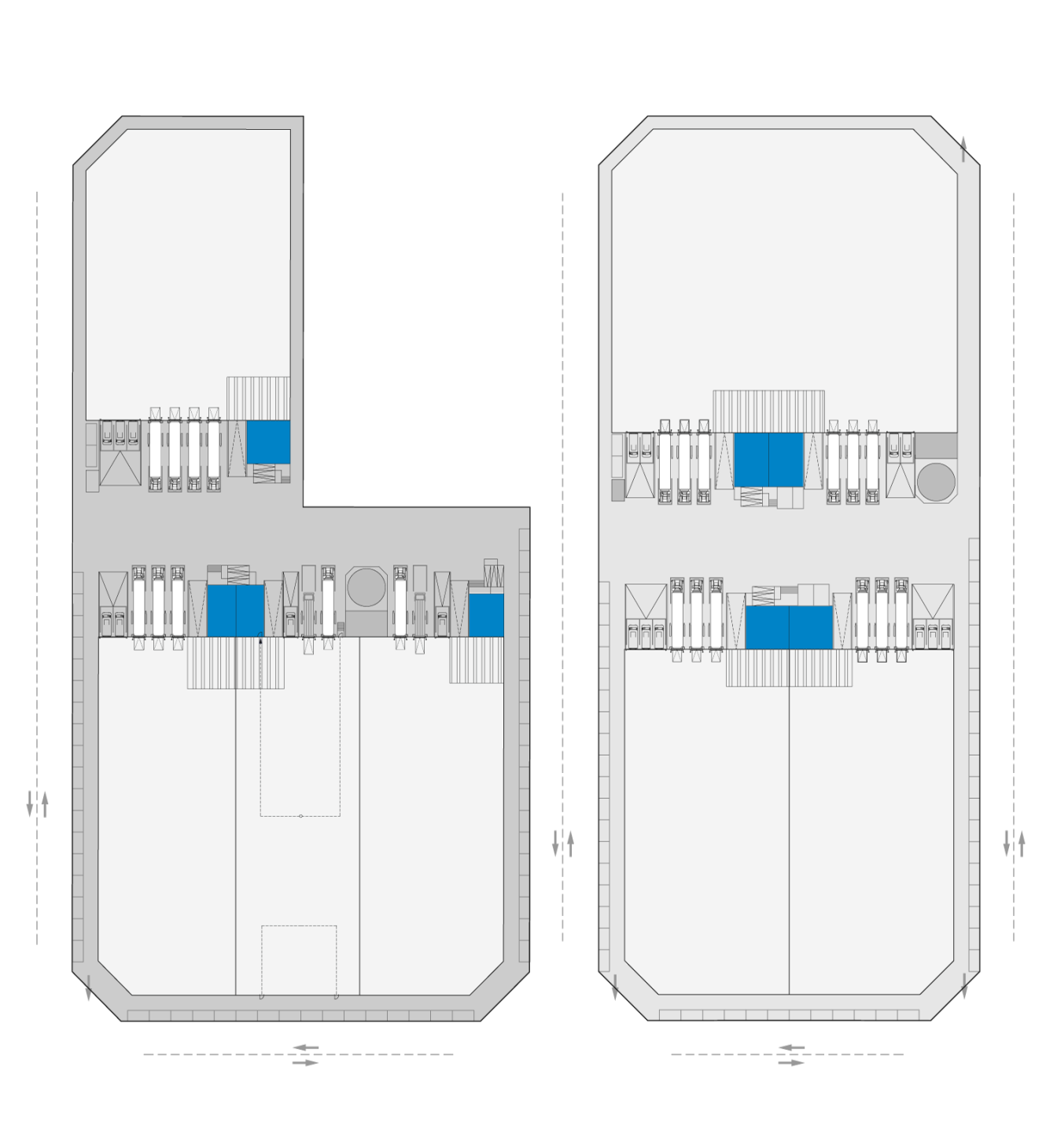 Planos de dos edificios adyacentes que muestran la distribución interna; varias salas y zonas están resaltadas en azul.