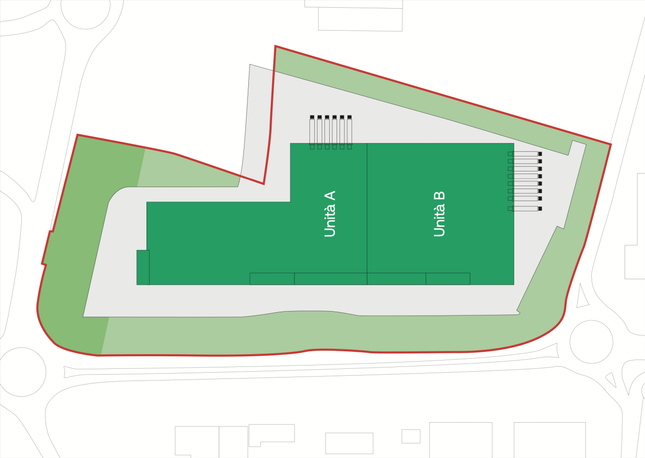Pianta del sito che mostra due unità etichettate in verde, l'unità A e l'unità B. L'area è delimitata da un contorno rosso e circondata da strade e sentieri.