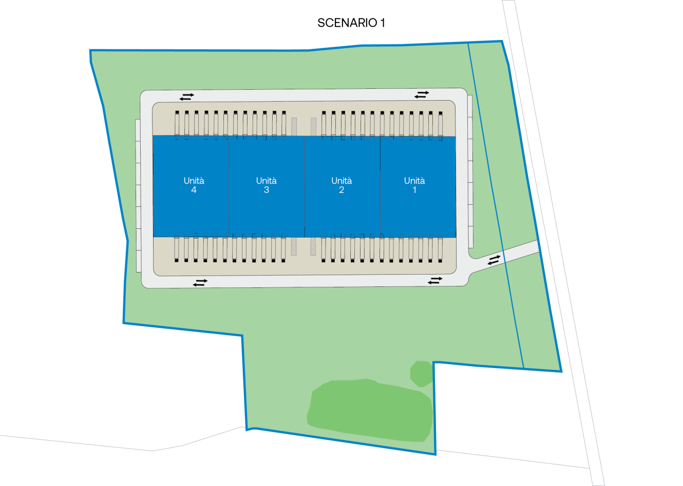 Una planimetria del sito, denominata Scenario 1, mostra un edificio rettangolare con quattro unità, circondato da parcheggi e strade di accesso, all'interno di una linea di demarcazione blu.