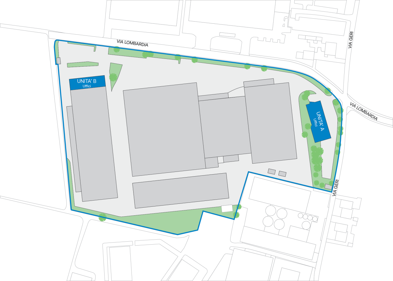 Mappa del sito che mostra più edifici rettangolari grigi, aree etichettate UNITA A e UNITA B, spazi verdi, strade e un confine blu che delimita la proprietà.