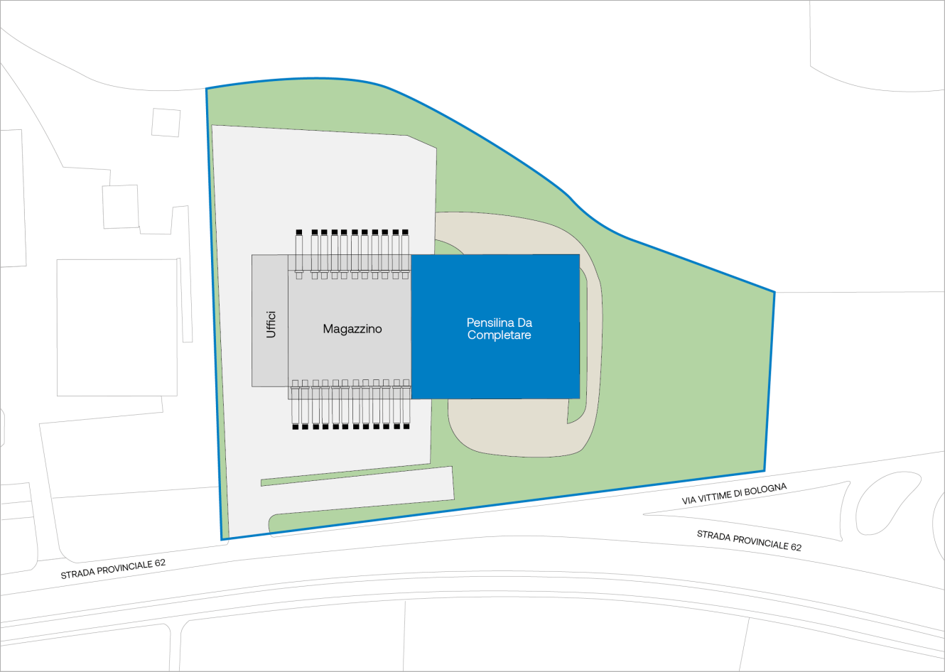 Pianta del sito che mostra un magazzino denominato Magazzino, uffici, parcheggi, un'ampia area blu contrassegnata dalla scritta Pensilina Da Completare e strade circostanti con i confini della proprietà delineati.
