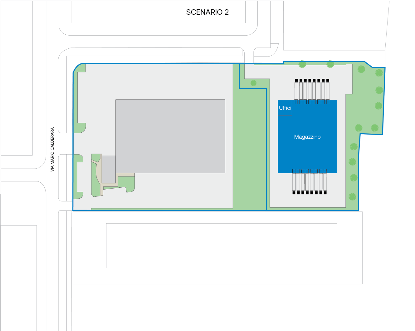 Una planimetria del sito, denominata Scenario 2, che mostra un edificio grigio, le aree verdi adiacenti, i parcheggi, denominati Uffici e Magazzino, e le strade circostanti.