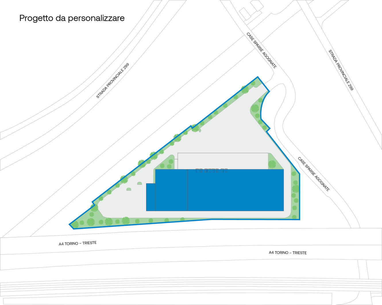 Pianta del sito che mostra un lotto triangolare con un grande edificio rettangolare, strade adiacenti, aree verdi e confini etichettati.