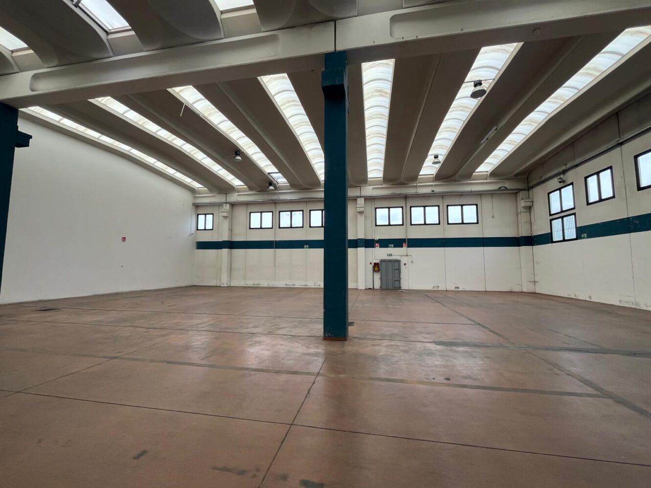 Ampio magazzino industriale vuoto con soffitti alti, lucernari, pavimento in cemento, pareti bianche, pilastri di sostegno e finestre sbarrate.