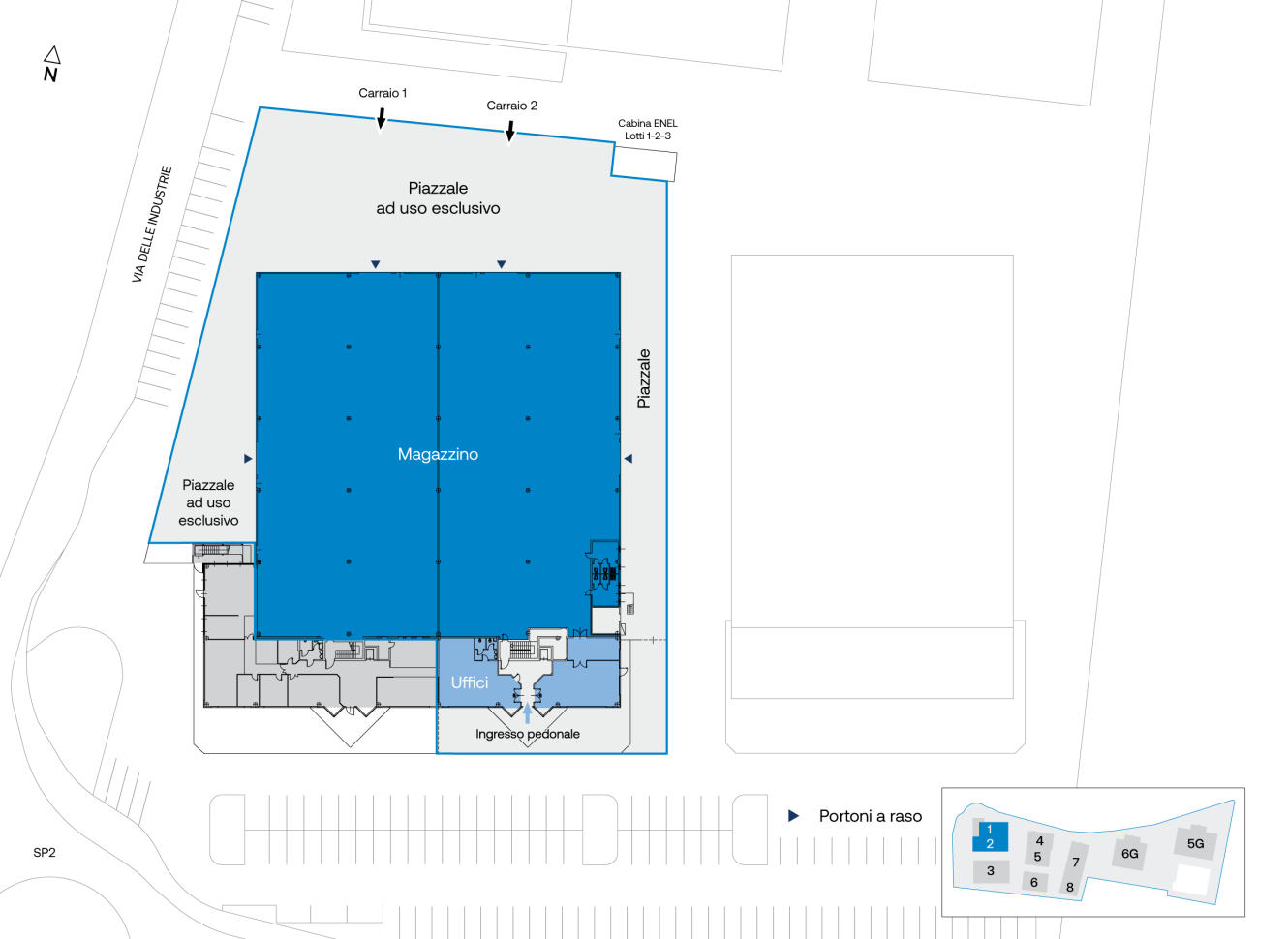 Planimetria di un magazzino (Magazzino) con piazzali a uso esclusivo, uffici (Uffici), parcheggi, ingressi per camion (Cambi) e ingresso pedonale. Nord indicato.