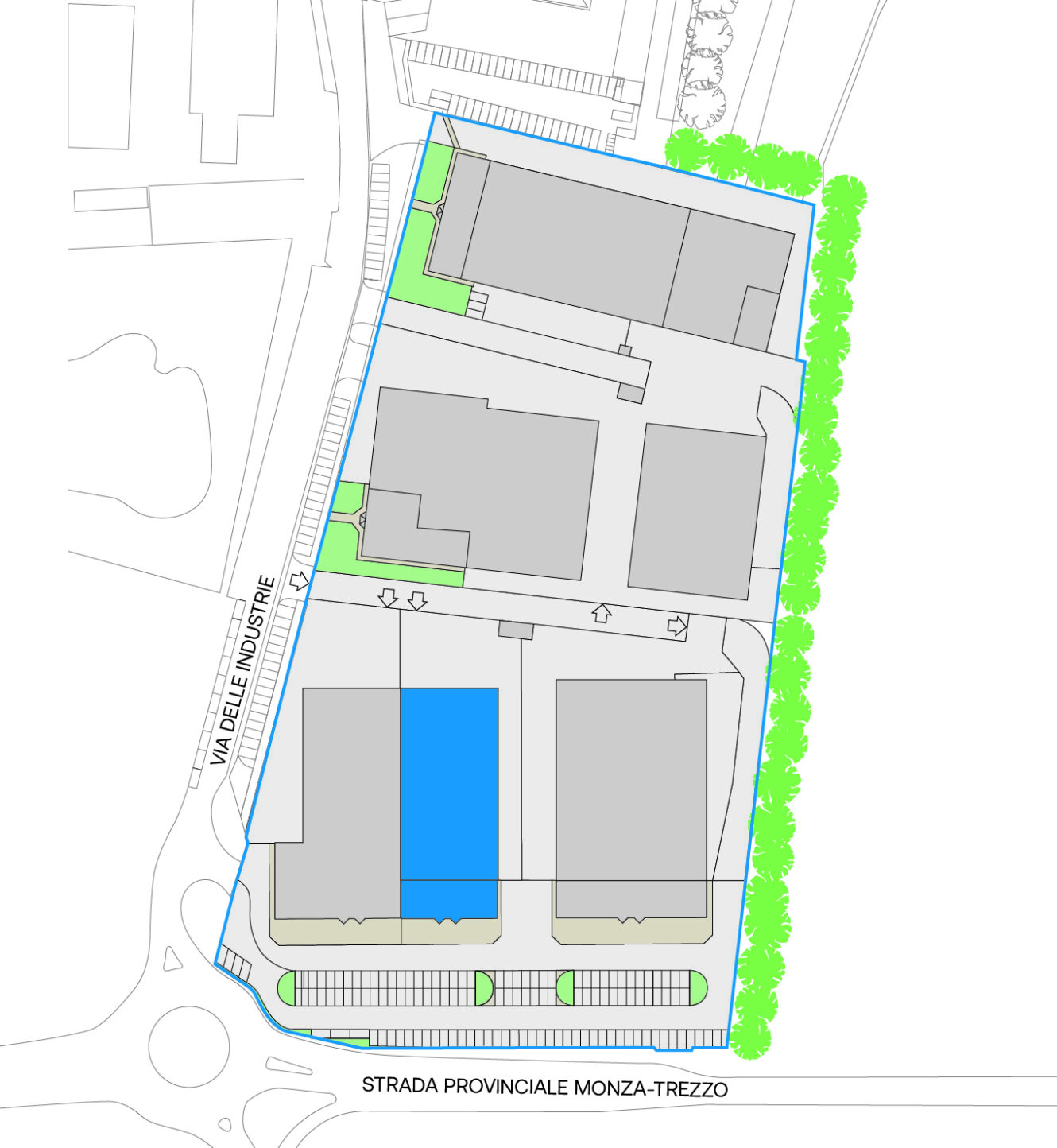 Pianta del sito che mostra quattro edifici principali a pianta rettangolare, uno evidenziato in blu, circondati da strade, parcheggi, aree verdi e allineati lungo Via delle Industrie e Strada Provinciale Monza-Trezzo.