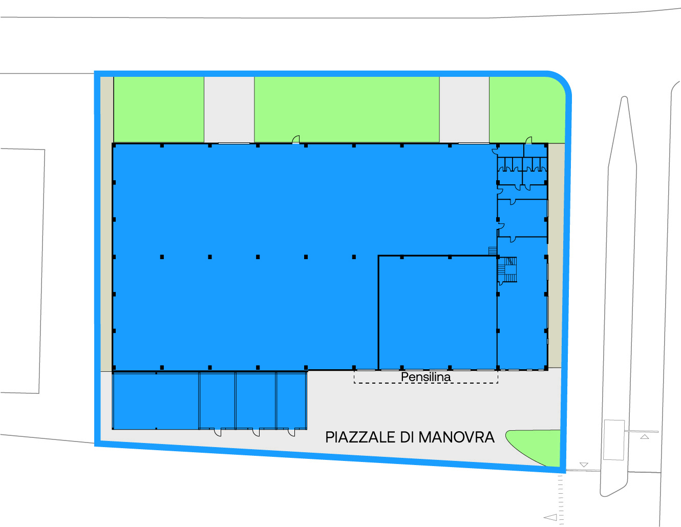 Schema in stile blueprint di un edificio e del piazzale adiacente, denominato Piazzale di Manovra, con entrate e uscite segnalate e diverse sezioni delineate all'interno della struttura.
