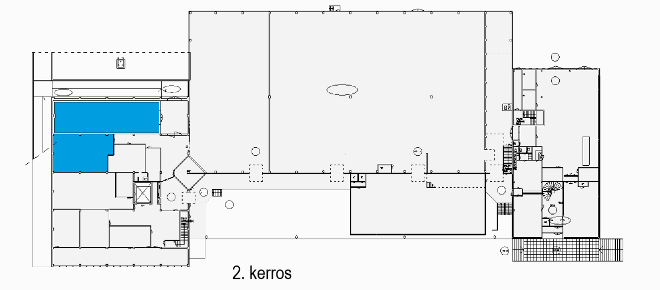 Pohjapiirros, jossa on merkintä 2. kerros, jossa useat huoneet vasemmalla puolella on korostettu sinisellä; muu osa kerroksesta on tummennettu.