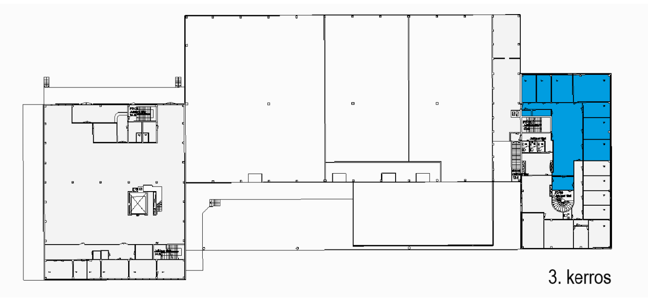 Pohjapiirustus, jossa on useita huoneita ja tiloja; oikeassa yläkulmassa olevat huoneet on korostettu sinisellä. Oikeassa alakulmassa on teksti 3. kerros.