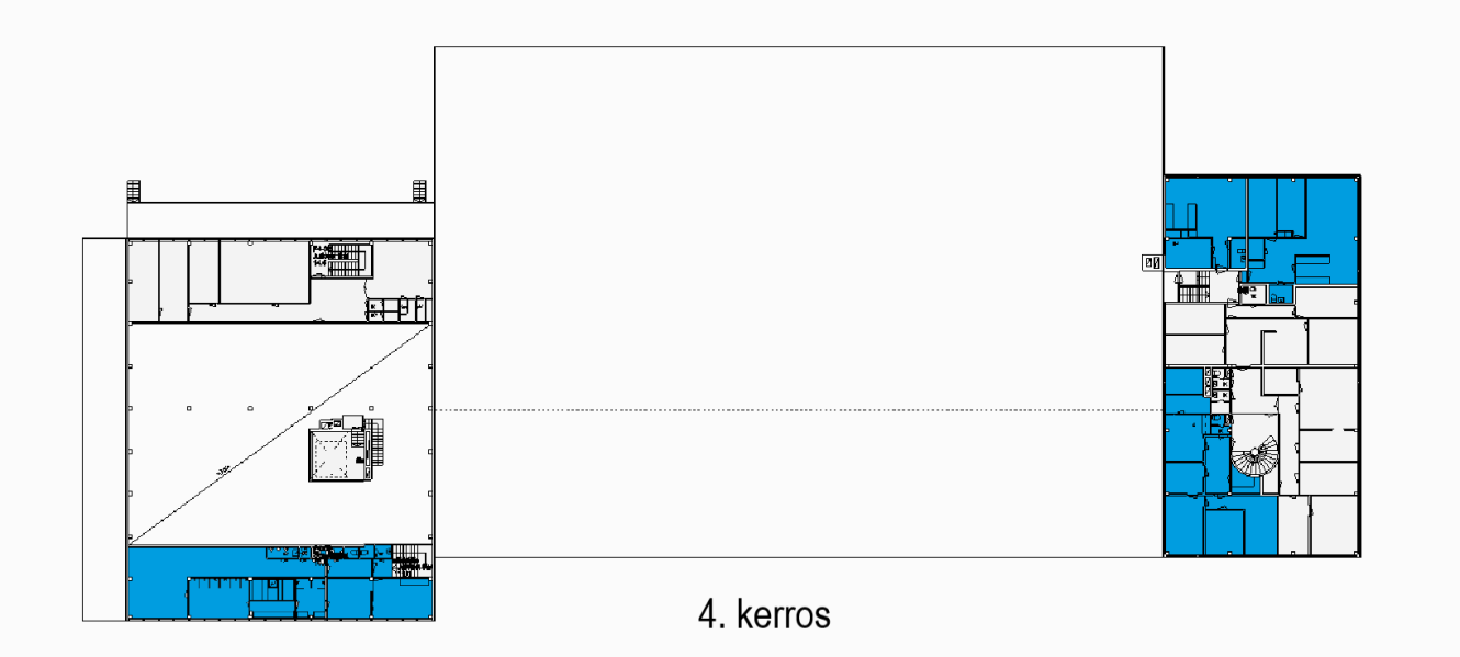 Neljännen kerroksen (4. kerros) pohjapiirros, jossa useat huoneet on korostettu sinisellä rakennuksen vasemmassa ja oikeassa osassa.