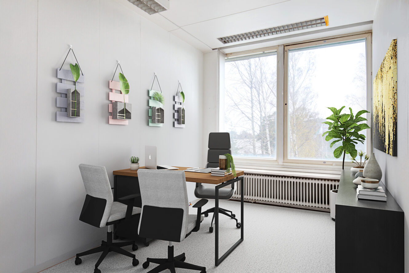 Moderni toimisto, jossa on puinen työpöytä, kolme harmaata tuolia, suuri ikkuna, seinätaidetta, ruukkukasvi ja senkki abstraktin taideteoksen alla.