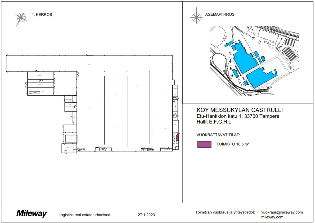 Pohjapiirros, jossa on merkitty KOY Messukylän Castrulliin vuokrattavat tilat (sinisellä), jotka on merkitty E, F, G, H ja I, sekä sijaintikartta ja tiedot käytettävissä olevasta 18,5 m²:n toimistosta.