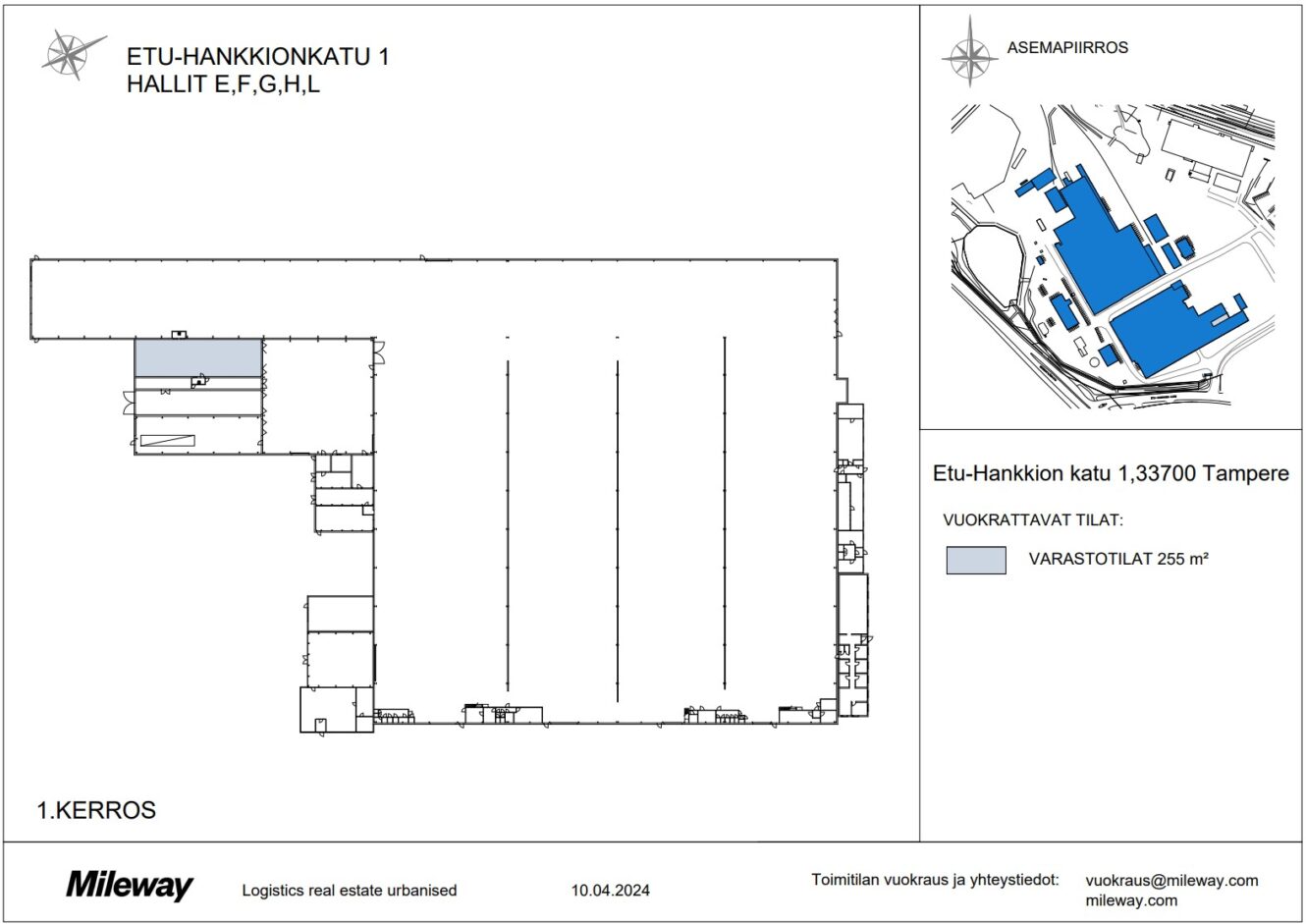 Pohjapiirros, jossa on sinisellä merkitty käytettävissä oleva varastotila (255 m²) osoitteessa Etu-Hankkion katu 1, 33700 Tampere, sekä sijaintikartta, jossa sijainti on merkitty.