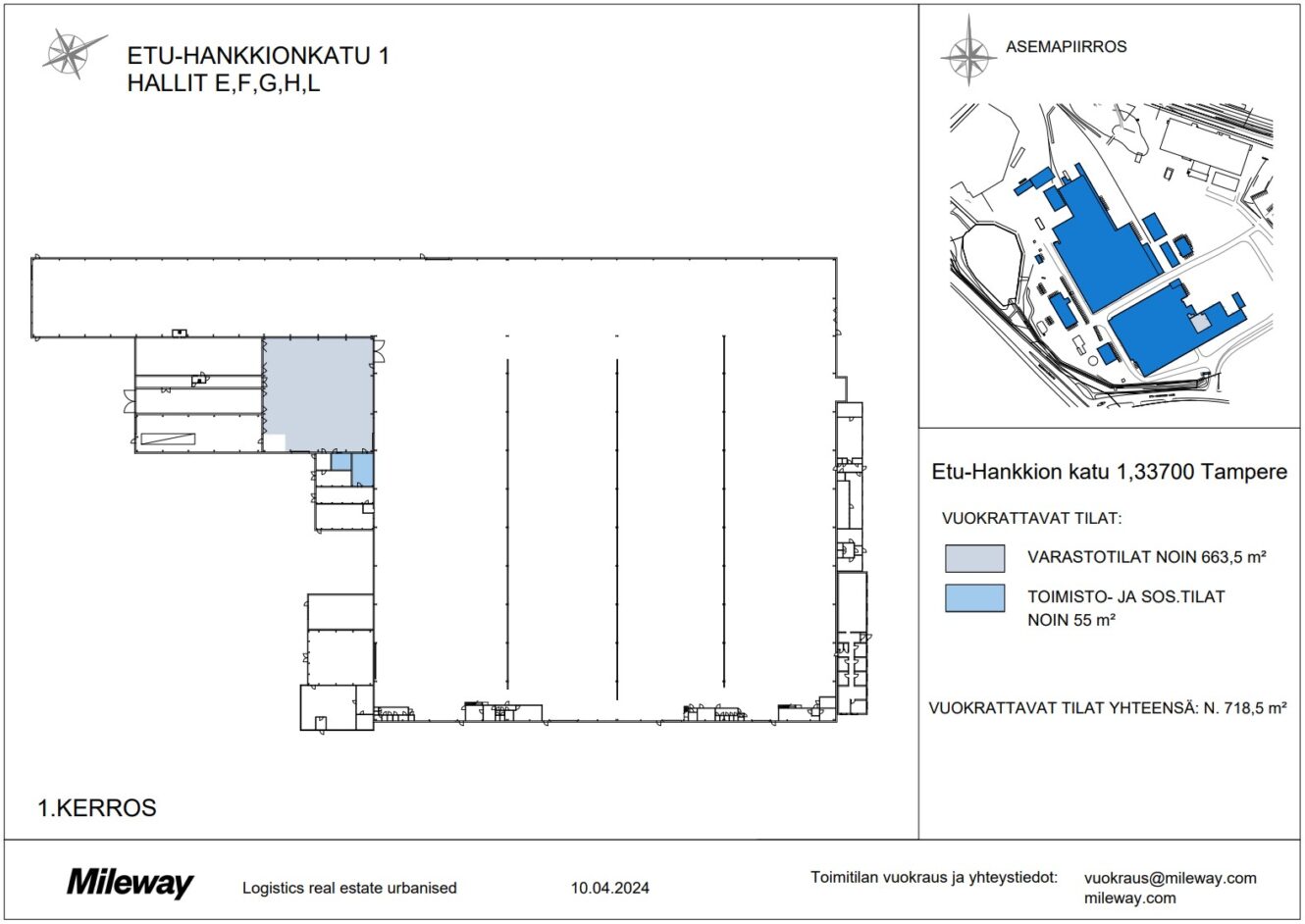 Etu-Hankkionkatu 1:n ensimmäisen kerroksen pohjapiirros, jossa sinisellä on merkitty vuokrattavat tilat, yhteensä noin 718,5 m². Sijainti korostettu kartalla.