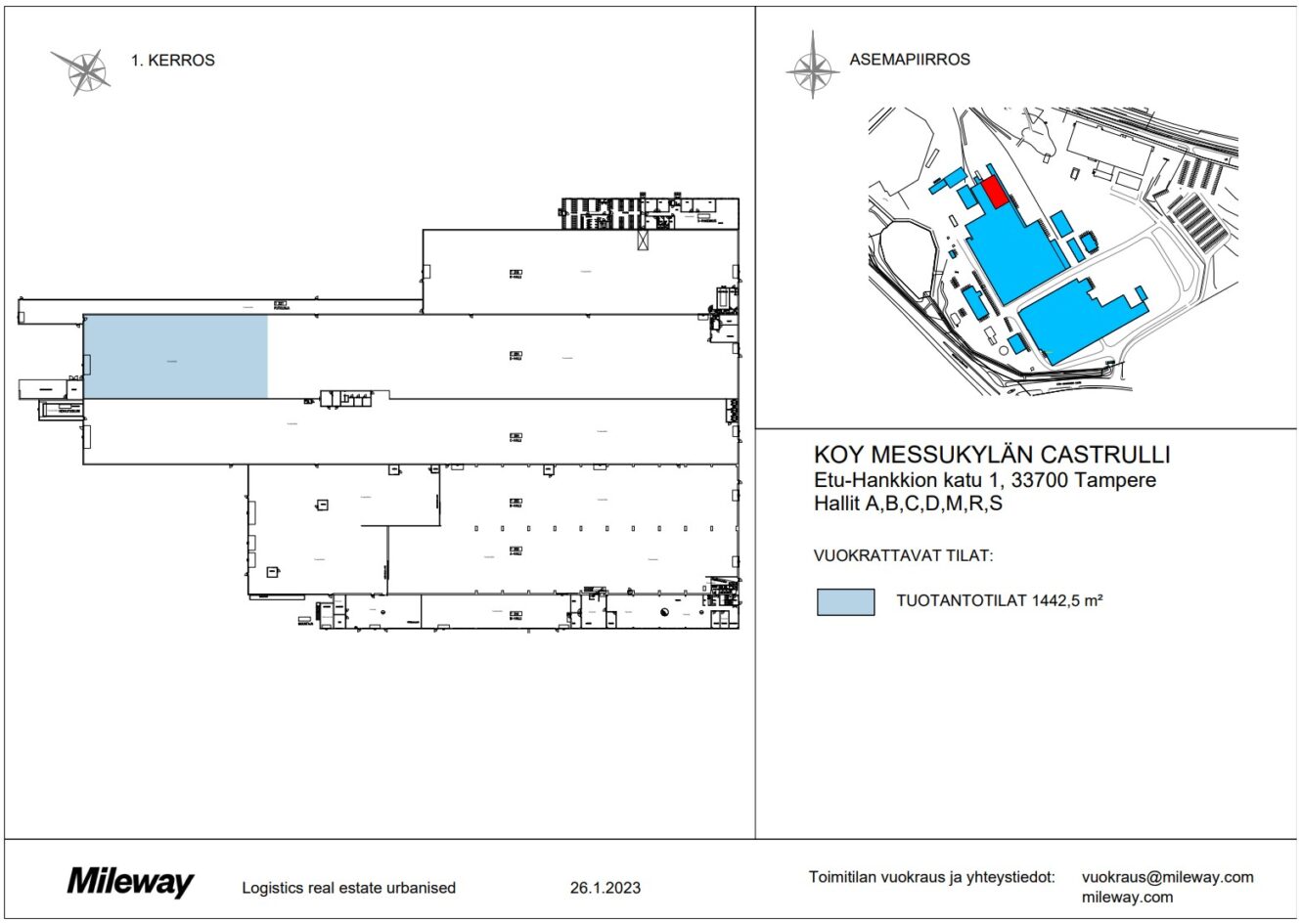 Pohjapiirros, jossa näkyy sinisellä 1 442,5 m²:n vuokrattava tuotantopinta-ala osoitteessa Koy Messukylän Castrulli, Etu-Hankkion katu 1, 33700 Tampere. Sijaintikartta on mukana.