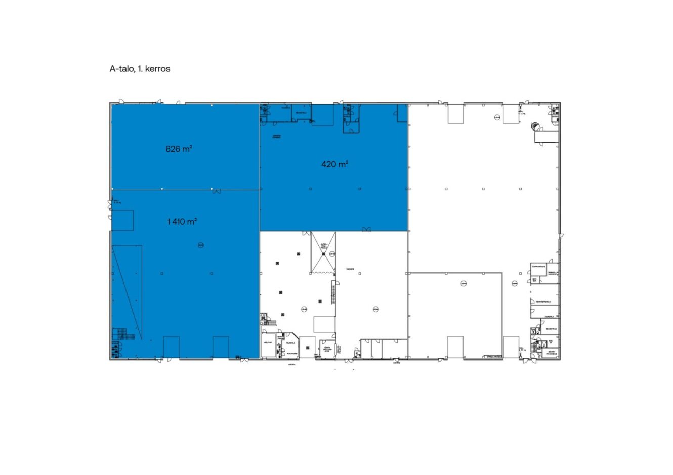 Pohjapiirros, jossa on kolme sinisellä korostettua aluetta, joiden pinta-alat ovat 628 m², 420 m² ja 1 140 m²; muut tilat on merkitty valkoisella.