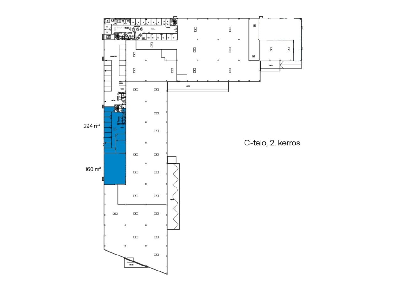 Rakennuksen C toisen kerroksen pohjapiirros, jossa on kaksi sinisellä korostettua aluetta, joiden pinta-alat ovat 294 m² ja 160 m².