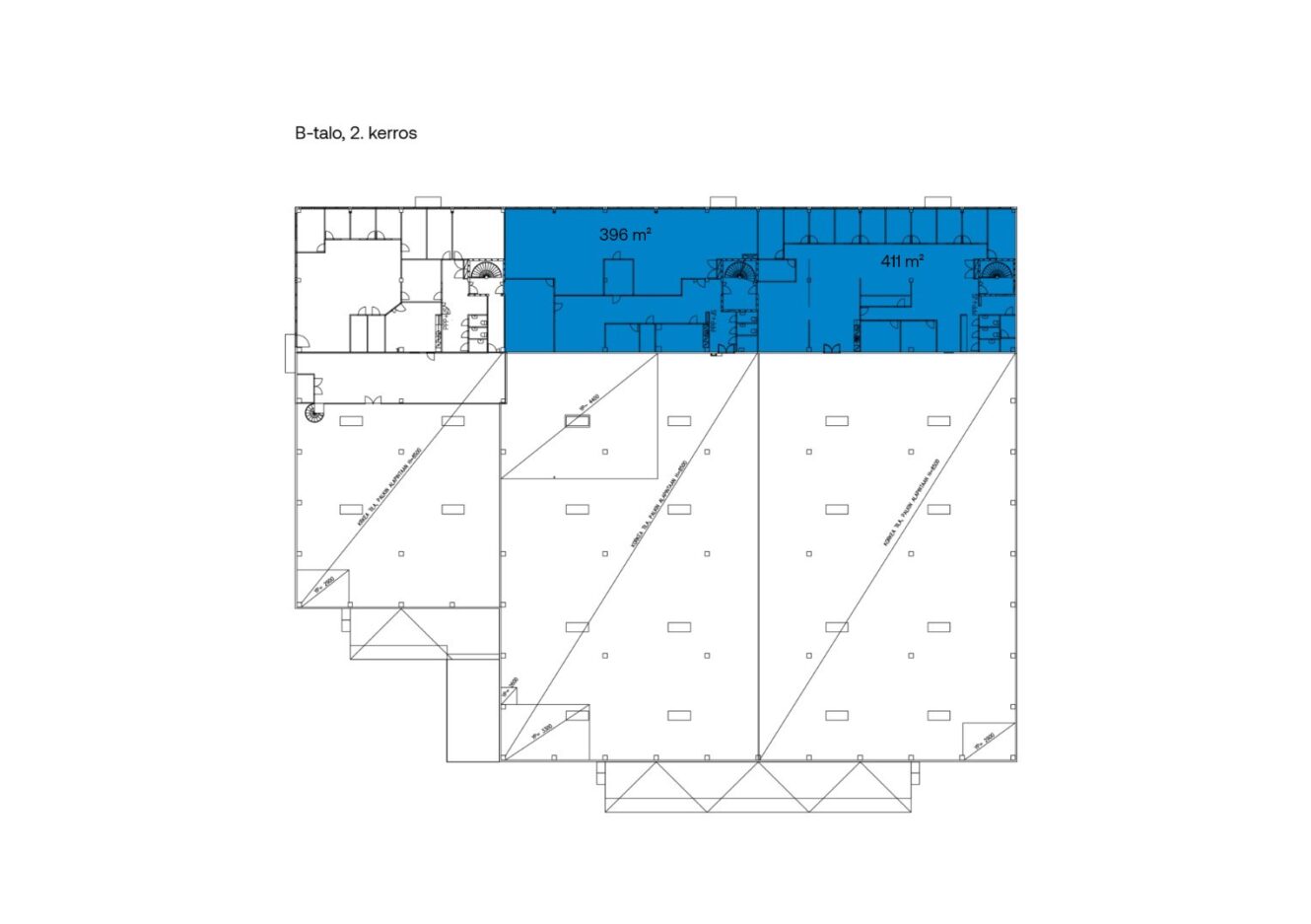 Rakennuksen toisen kerroksen pohjapiirros, jossa on kaksi sinisellä varjostettua aluetta, 396 m² ja 481 m²; merkintä: B-talo, 2. kerros.