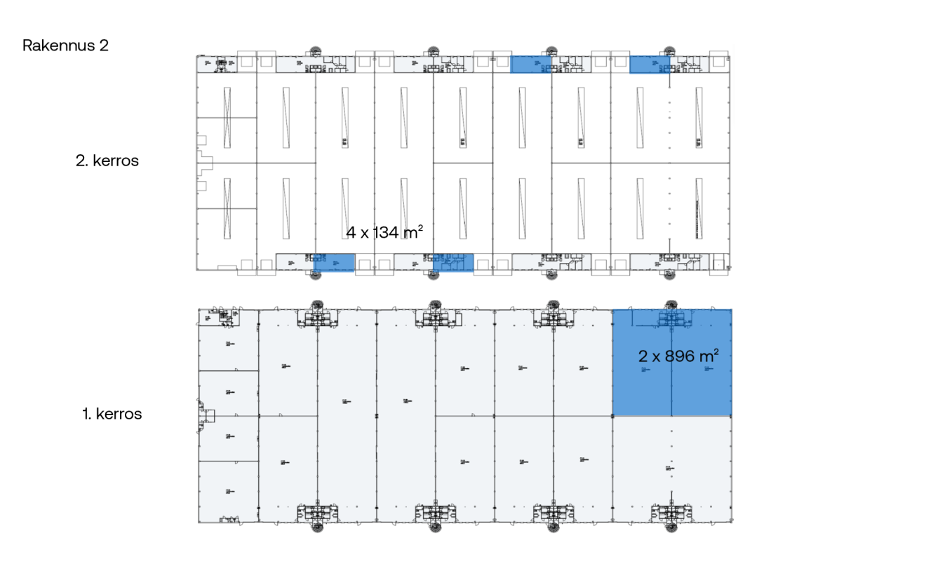 Kaksikerroksinen pohjapiirros, jossa on merkitty sinisellä neljä 134 m²:n asuntoa (toinen kerros) ja kaksi 896 m²:n asuntoa (ensimmäinen kerros), sekä suomenkieliset nimilaput.