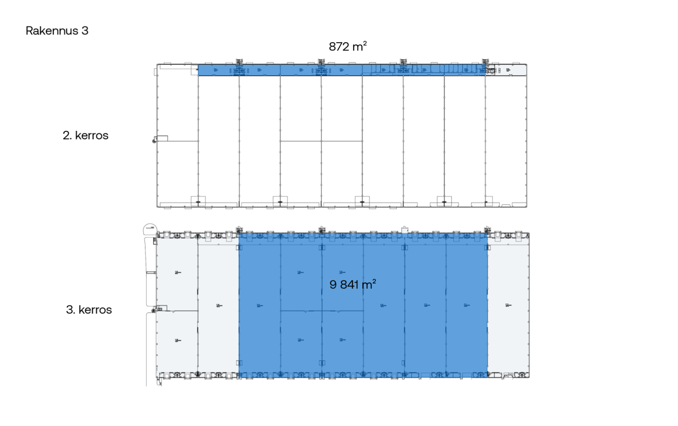 Kahden kerroksen pohjapiirros; 2. kerroksessa sinisellä merkitty pinta-ala 872 m², 3. kerroksessa sinisellä merkitty pinta-ala 9 841 m².