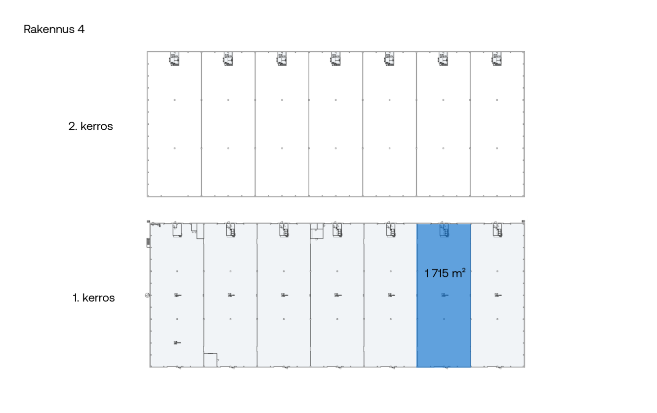 Kaksikerroksisen rakennuksen pohjapiirros, jossa 1. kerroksen yksi alue on korostettu sinisellä ja merkitty 1 715 m²; yläkerrassa ei ole korostuksia.