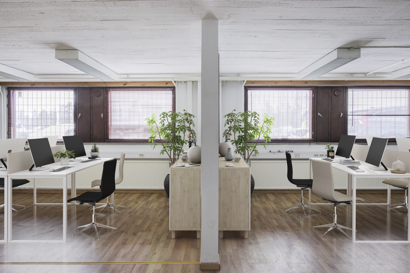 Moderni avotoimistotila, jossa on pöytiä, tuoleja, tietokoneita ja ruukkukasveja, ja joka on jaettu keskellä olevalla väliseinällä ja jossa on suuret ikkunat ja puulattia.