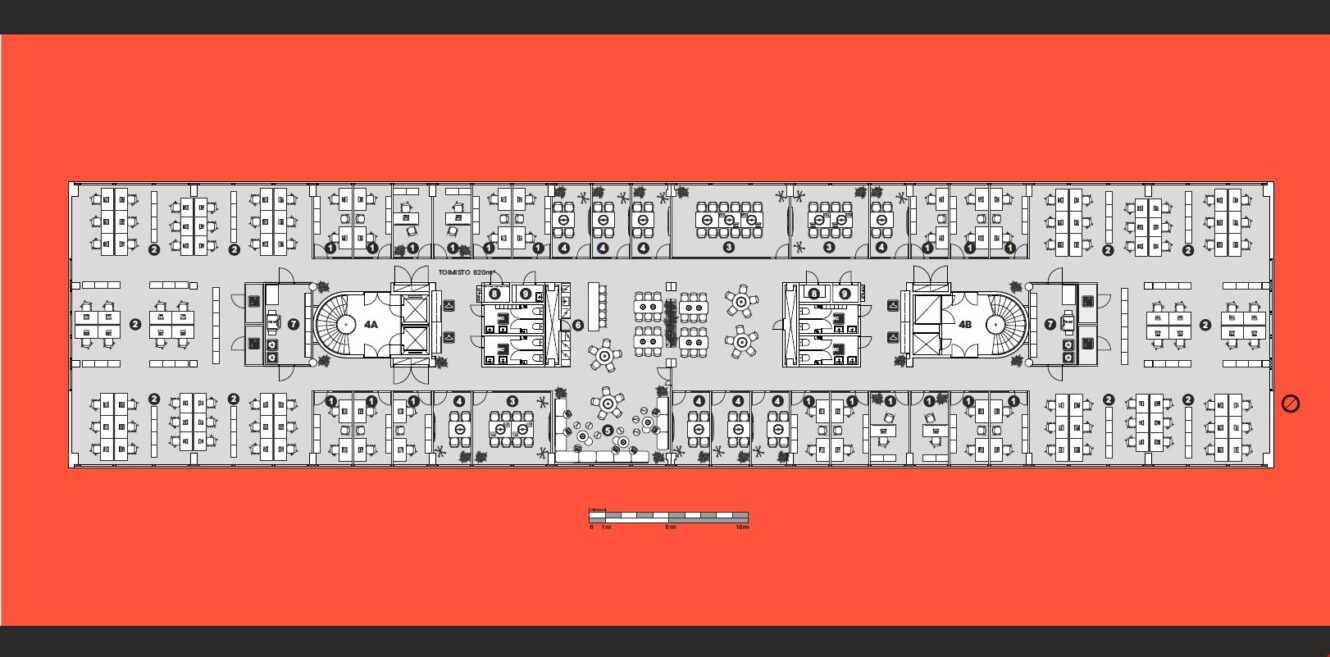 Toimistotilan pohjapiirros, jossa on pöytärivejä, neuvotteluhuoneita ja yhteisiä tiloja punaisella pohjalla.