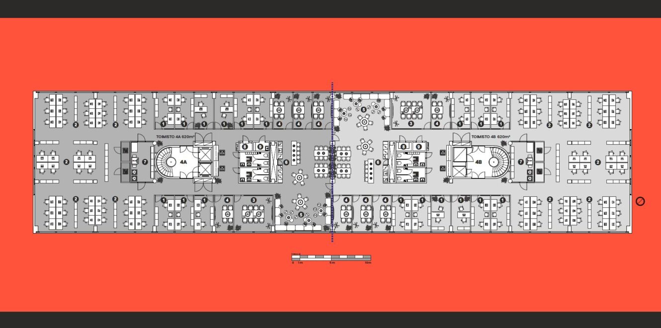 Toimistotilan pohjapiirros, jossa on useita riveihin sijoitettuja työpöytiä, kokoushuoneita, keskustiloja ja kirkkaan punainen tausta.