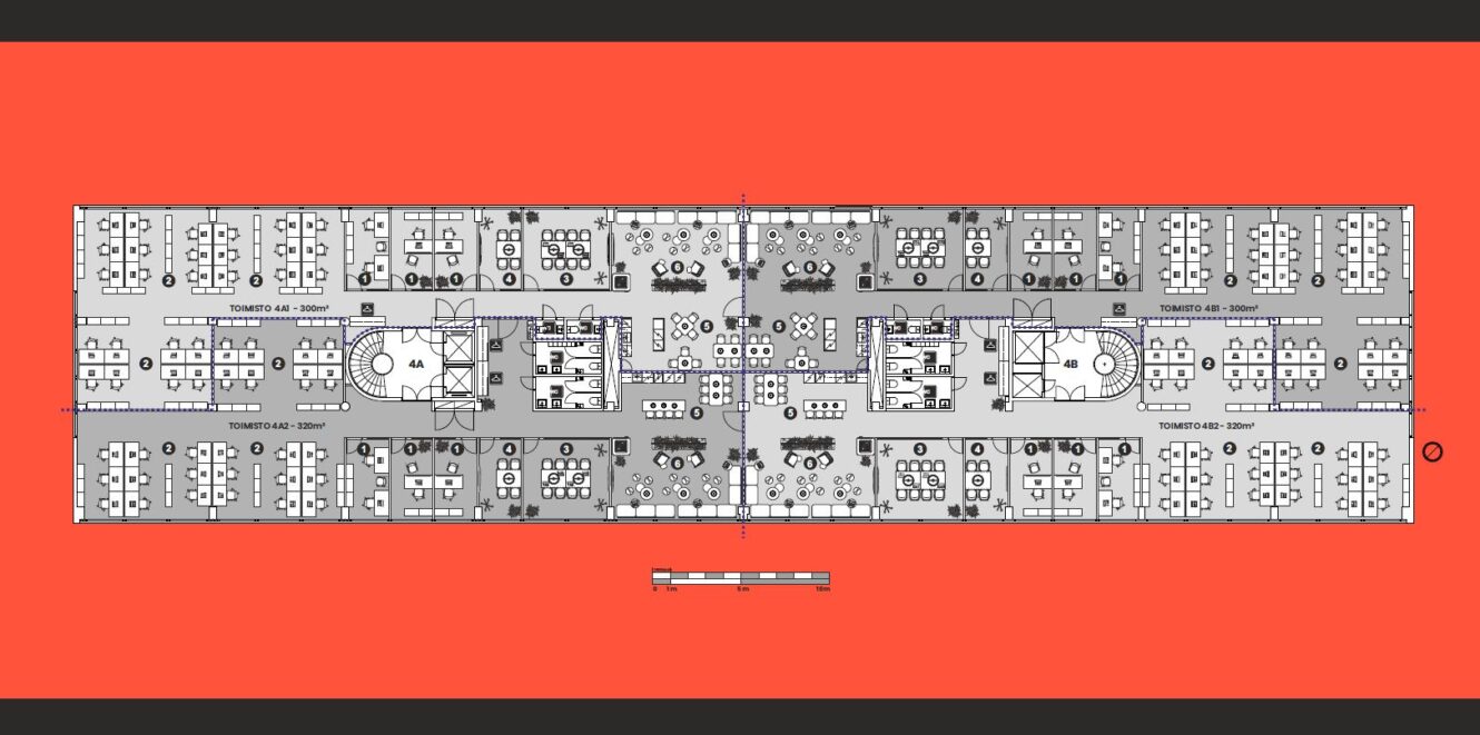 Toimistorakennuksen pohjapiirros, jossa työpisteet, kokoushuoneet ja yhteiset tilat on sijoitettu symmetrisesti keskikäytävän varrelle punaisella pohjalla.