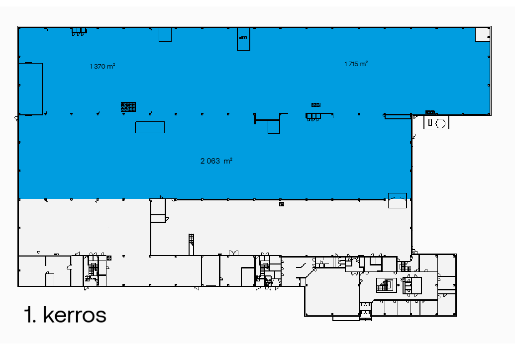 Ensimmäisen kerroksen pohjapiirros, jossa on kolme sinisellä korostettua aluetta (1 370, 1 175 ja 2 063 m²), merkintä 1. kerros.