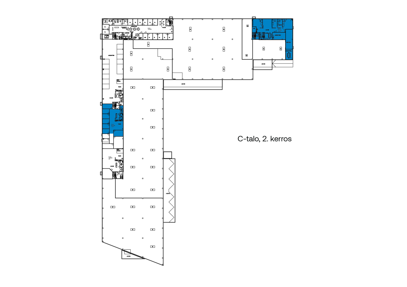 C-rakennuksen toisen kerroksen pohjapiirros; sinisellä korostetut huoneet ja alueet osoittavat tietyt osat pohjapiirroksessa. Tekstissä lukee C-talo, 2. kerros.