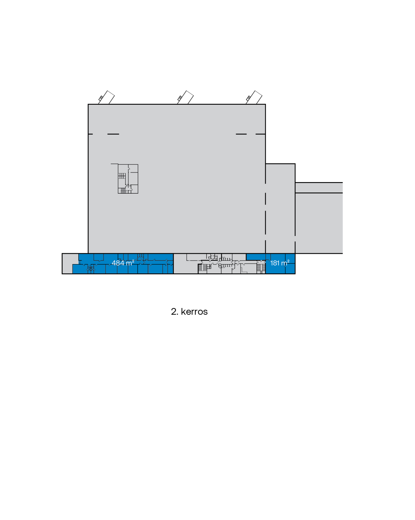 Rakennuksen toisen kerroksen pohjapiirros, jossa korostuvat sinisellä merkityt 484 m², 181 m² ja 261 m²:n alueet, joiden keskellä näkyvät hissi ja porrashuoneet.