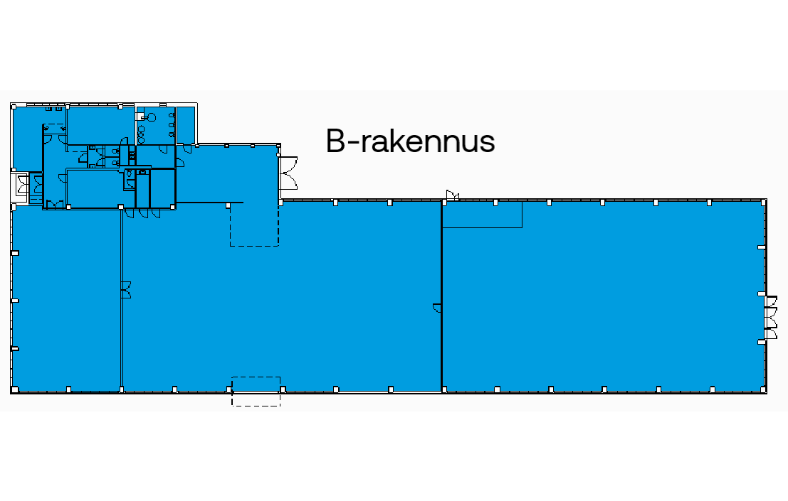 B-rakennuksen pohjapiirros, jossa näkyy huoneet ja käytävät; suurin osa alueesta on korostettu sinisellä.