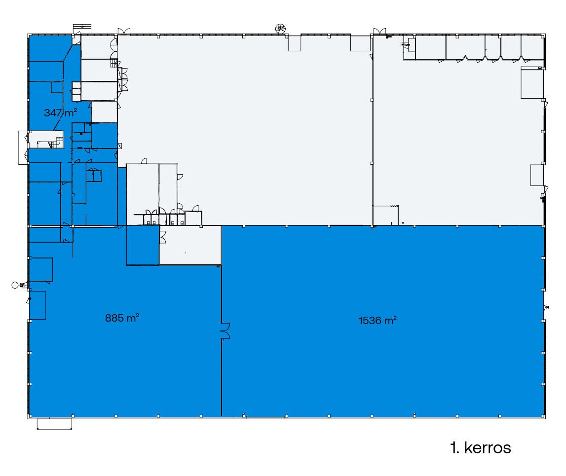 Ensimmäisen kerroksen pohjapiirros, jossa on neljä sinisellä korostettua aluetta, joiden pinta-alat ovat 347 m², 885 m² ja 1536 m², sekä yksi merkitsemätön alue. Teksti: 1. kerros.