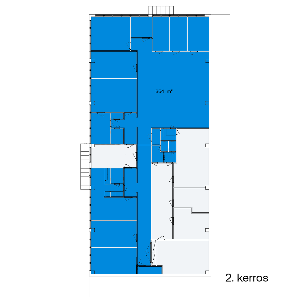 Toisen kerroksen pohjapiirros, jossa huoneet on korostettu sinisellä; korostetun alueen kokonaispinta-ala on 354 m². Tekstissä lukee ”2. kerros”.