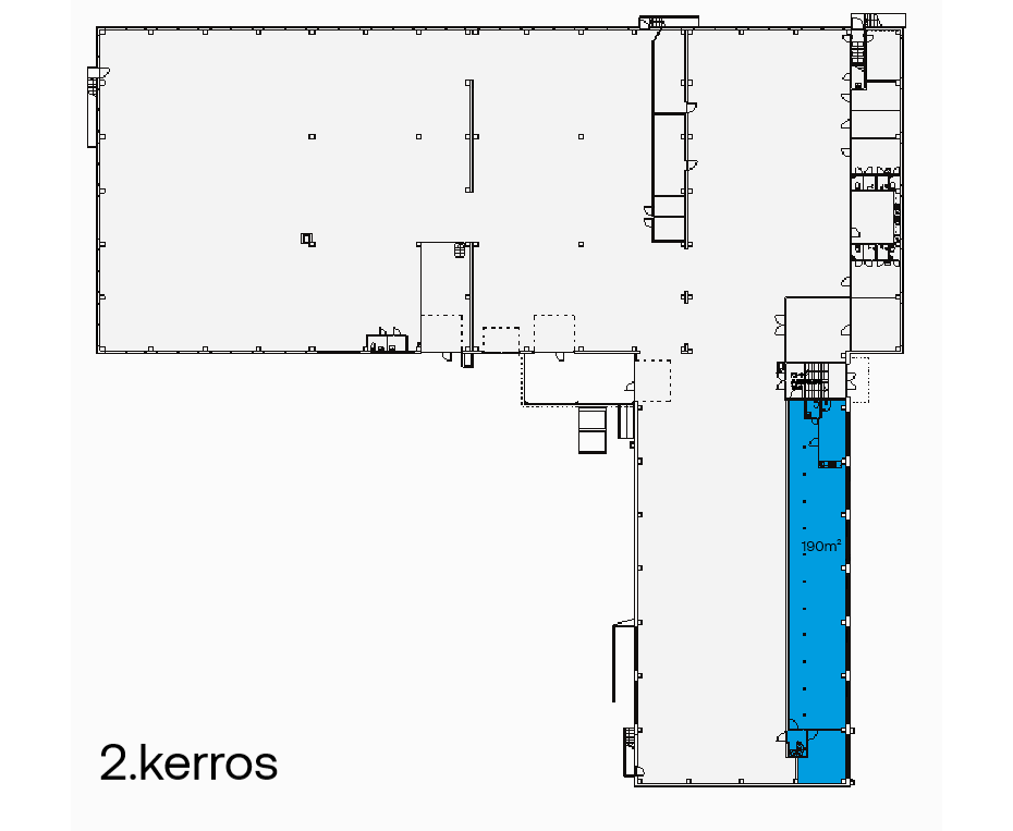 Toisen kerroksen pohjapiirros, jonka oikealla puolella on sinisellä merkitty 190 m²:n alue, josta käy ilmi pohjapiirros ja huonejako. Vasemmassa alareunassa on teksti 2. kerros.