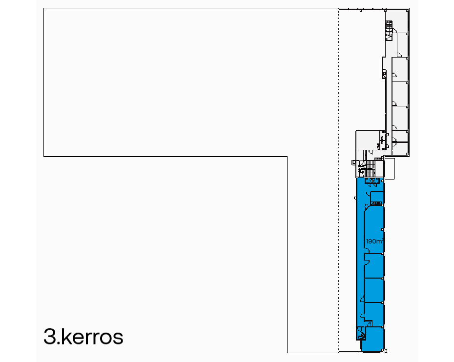 Kolmannen kerroksen pohjapiirros, jossa useita huoneita on korostettu sinisellä yhden käytävän varrella. 3. Kerros-teksti vasemmassa alakulmassa.