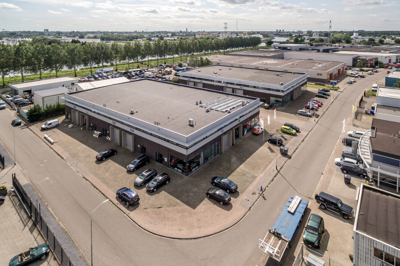 Luchtfoto van een modern industriepark met grote magazijngebouwen, parkeerplaatsen en diverse geparkeerde auto’s op een heldere dag.