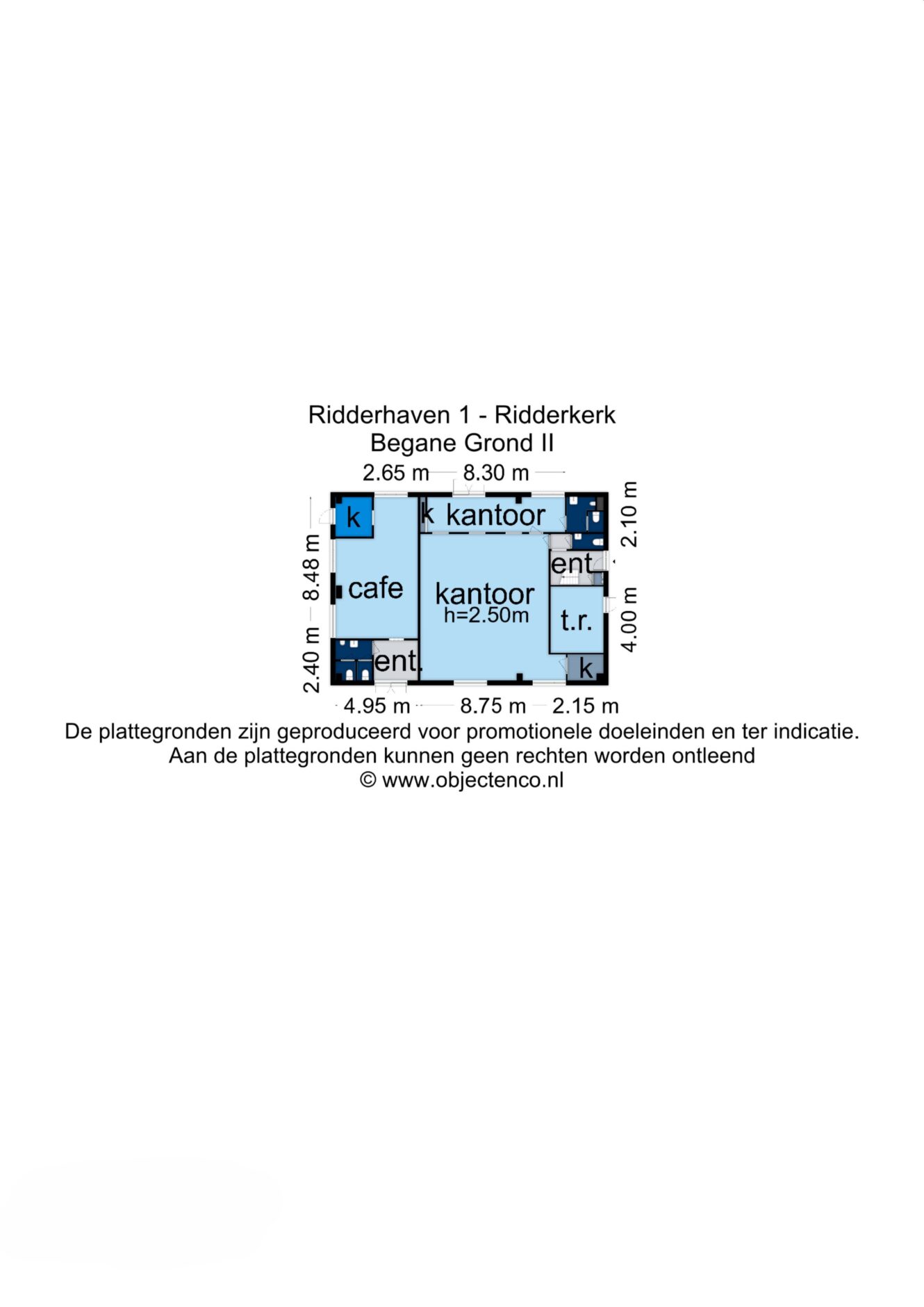 Plattegrond van Ridderhaven 1, Ridderkerk, met gelabelde ruimtes voor café, kantoor, entree en toilet, met afmetingen in meters.