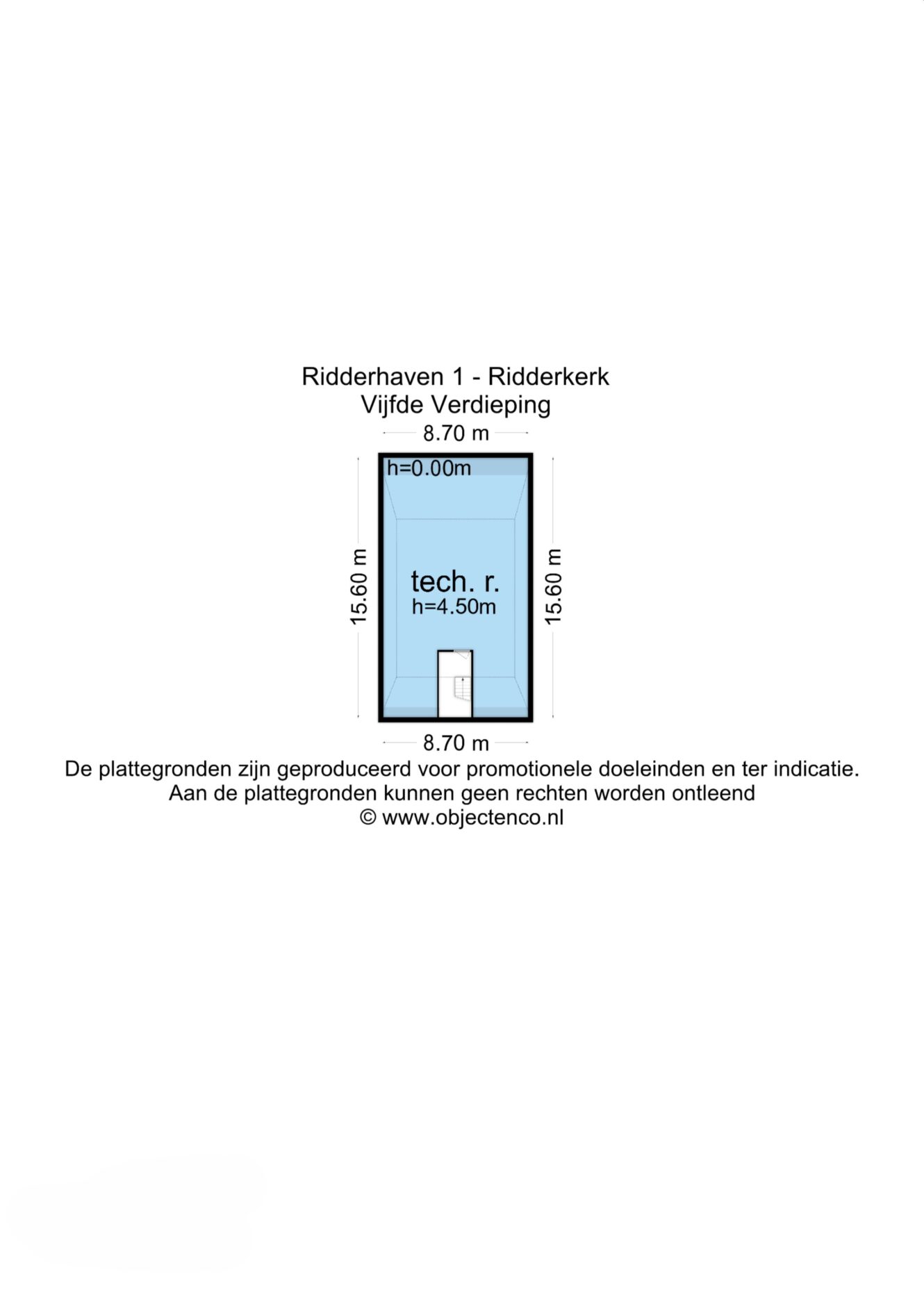 Plattegrond van de vijfde verdieping van Ridderhaven 1, Ridderkerk, met daarop een technische ruimte van 4,5m bij 8,7m.