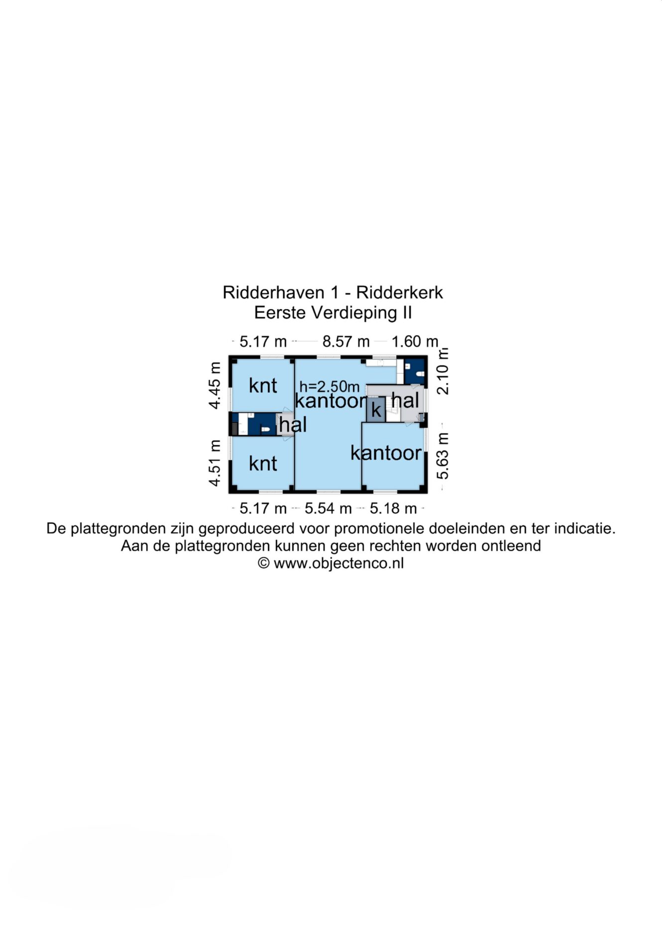 Plattegrond van de eerste verdieping van Ridderhaven 1, Ridderkerk, met kantoren (kantoor), hallen (hal), en afmetingen in meters. Tekst in het Nederlands geeft uitleg over het promotionele gebruik van de plattegronden.
